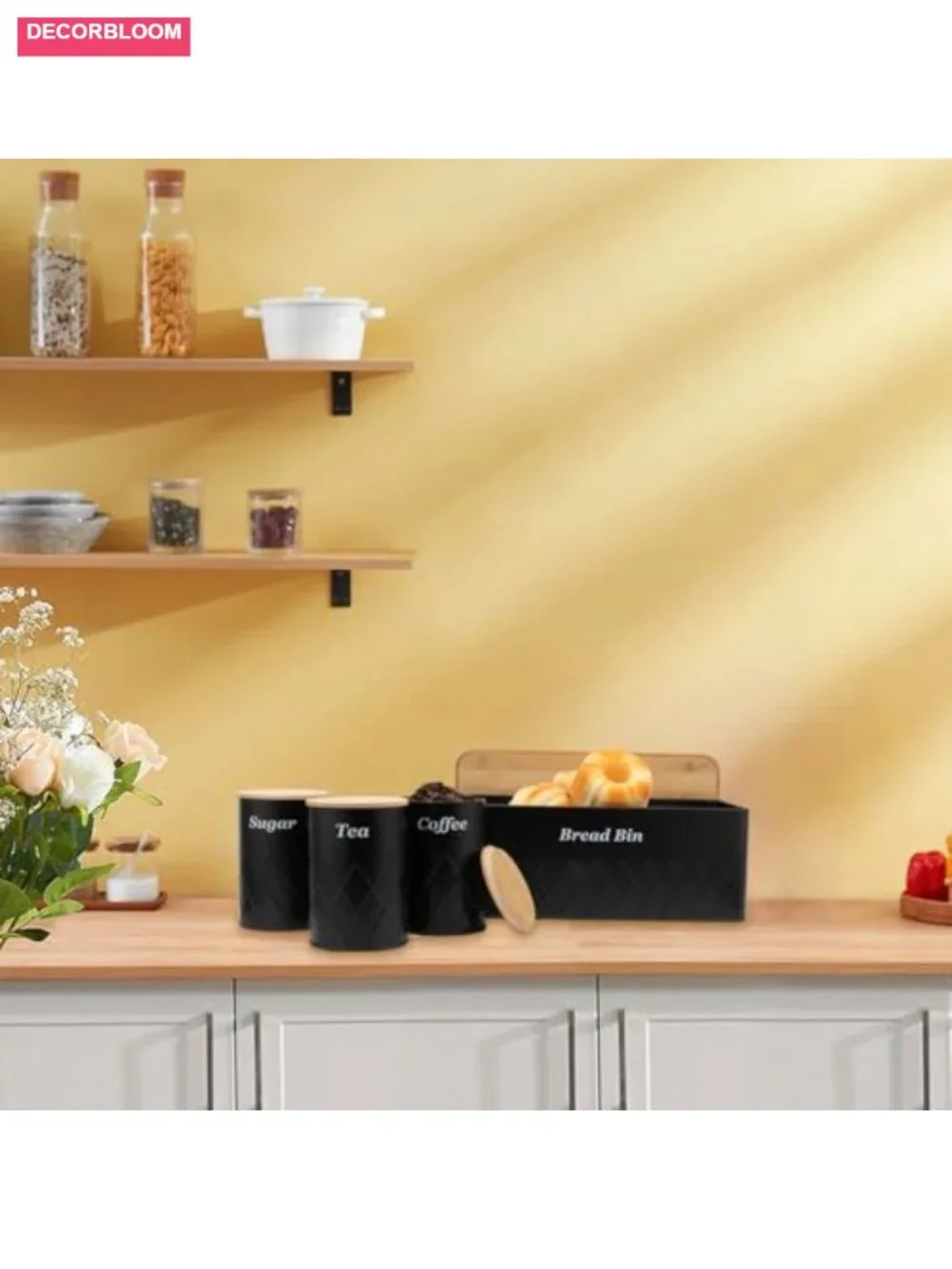Bread Box with Cutting Board, Coffee Tea Sugar Canisters for Kitchen Storage